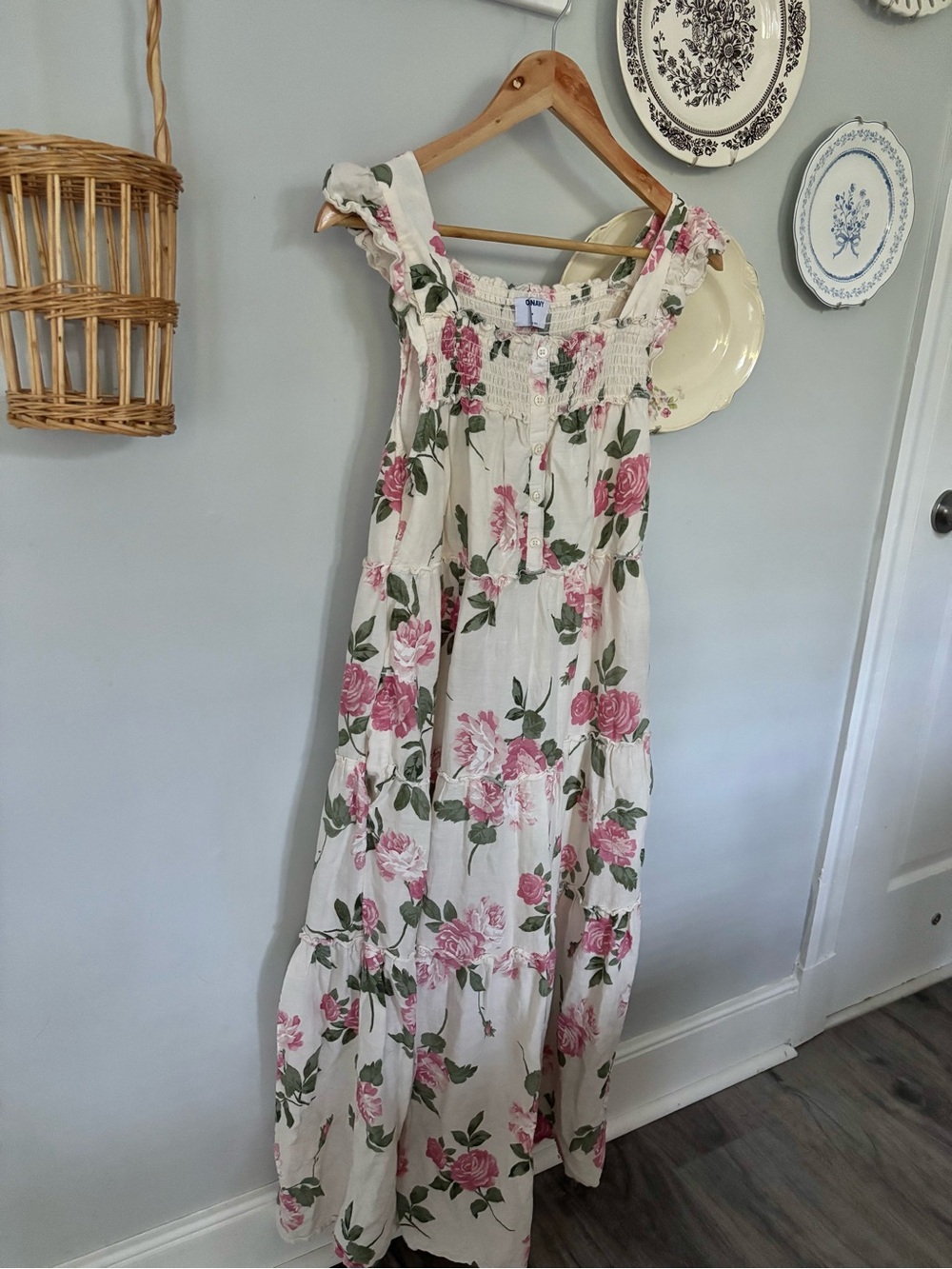 Old Navy White Maxi Dress with Pink Rose Print